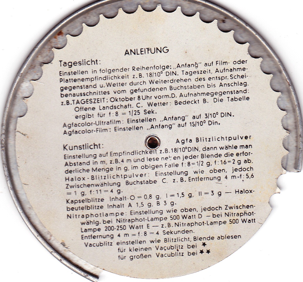 Megvilágítási tárcsa - AGFA metall  német 1b