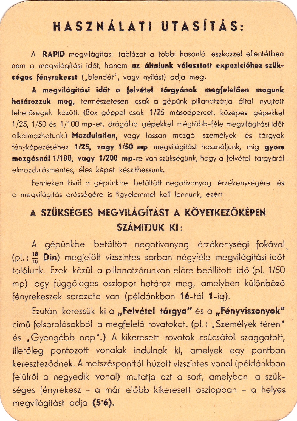 Megvilágítási táblázat - RAPID  - magyar 1b