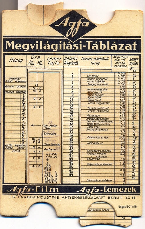 Megvilágítási táblázat - AGFA  magyar 1a