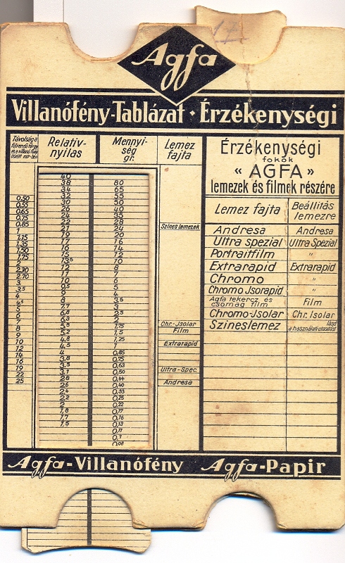 Megvilágítási táblázat - AGFA  magyar 1b
